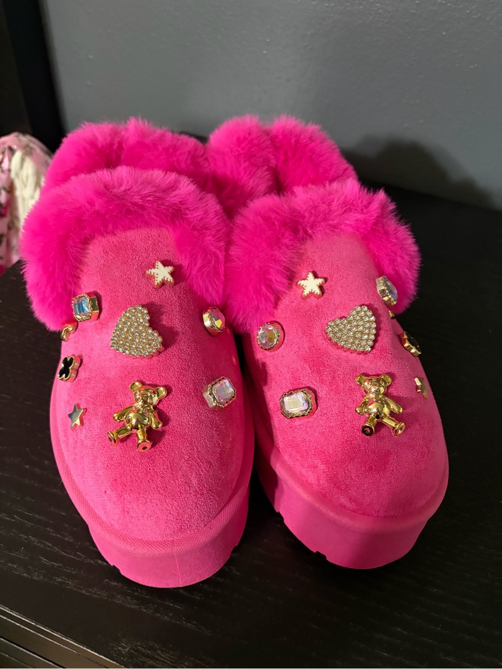 Hot Pink Platform Fur Slip-On Mules with Jewel Accents